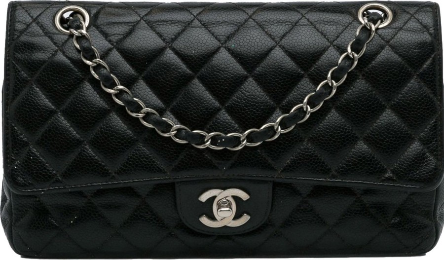 Dames Chanel | Chanel Medium Classic Caviar Double Flap Zwart