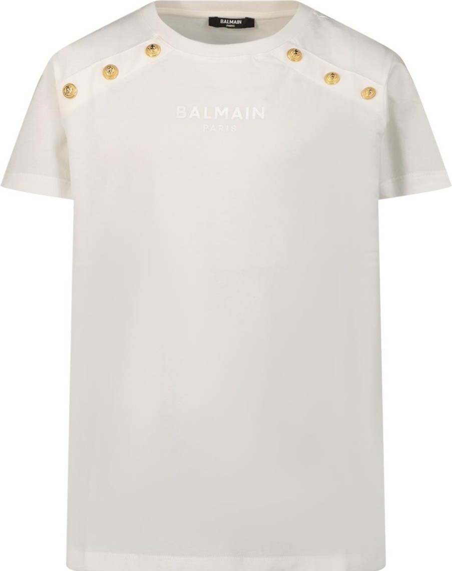 Kids Balmain Tops | Balmain Balmain Kinder Meisjes T-Shirt Off White Wit