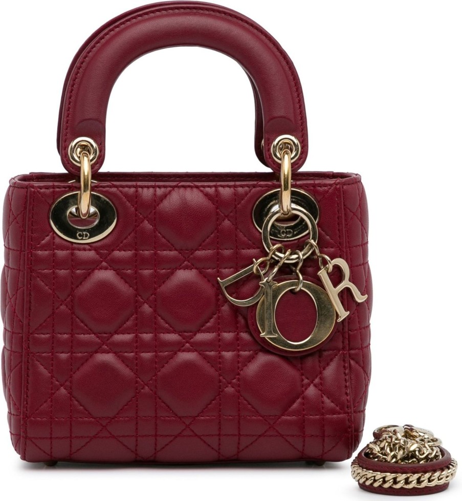 Dames Dior | Dior Mini Lambskin Cannage Lady Dior Rood