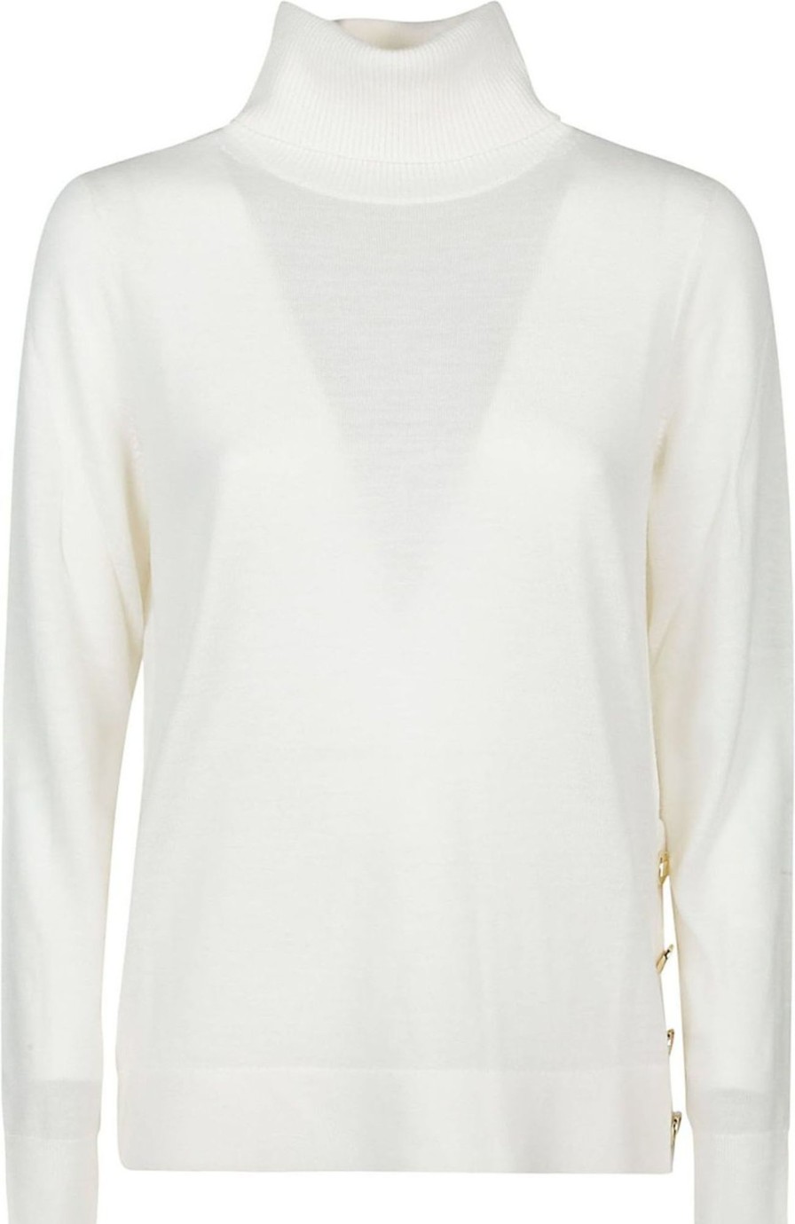 Dames Michael Kors | Michael Kors Merino Button Slit Turtleneck Sweater White Wit