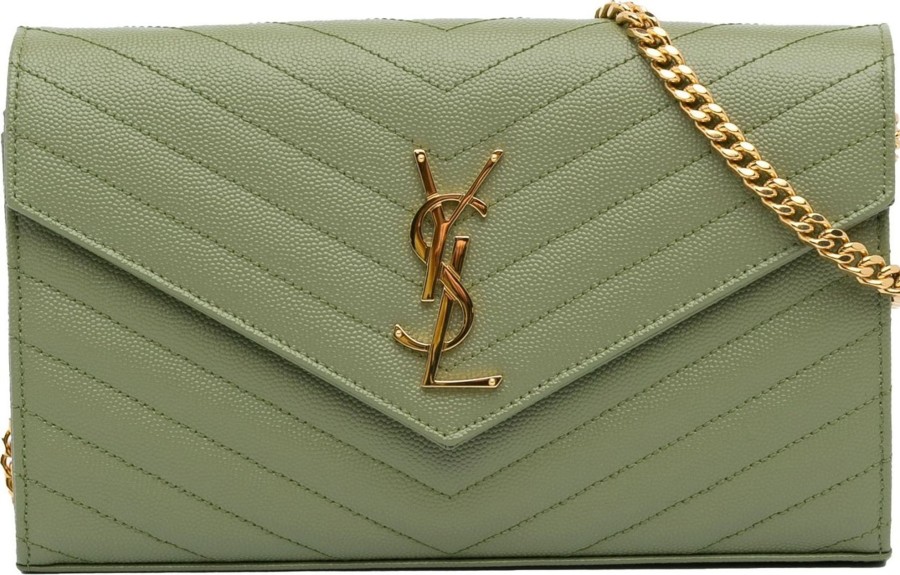 Dames Saint Laurent | Saint Laurent Grain De Poudre Cassandre Envelope Wallet On Chain Groen