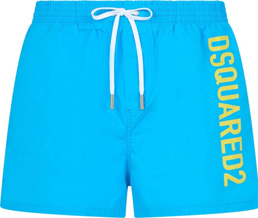 Heren Dsquared2 | Dsquared2 Vertical Name Swimshort Blue Yellow Blauw