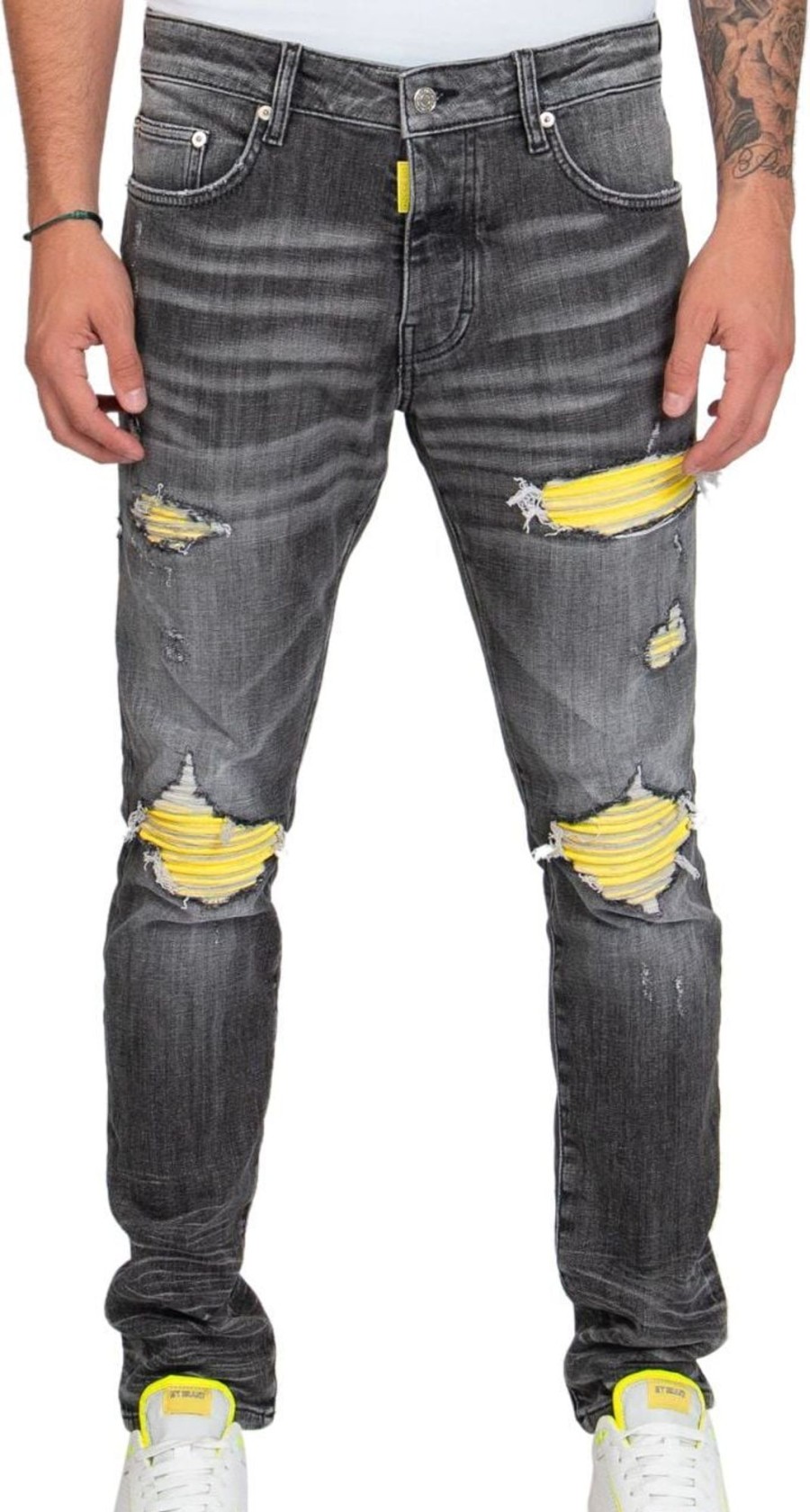 Heren My Brand | My Brand My Brand Neon Ripped Biker Label Jeans Denim Grey Grijs