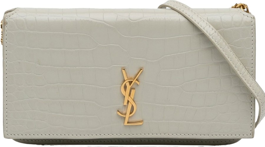 Dames Saint Laurent | Saint Laurent Croc Embossed Monogram Phone Holder Grijs