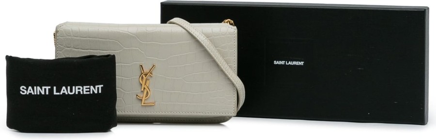 Dames Saint Laurent | Saint Laurent Croc Embossed Monogram Phone Holder Grijs