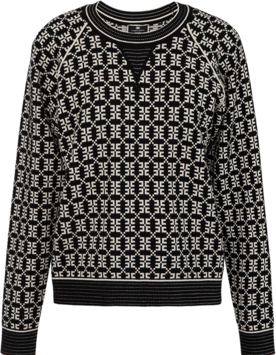 Dames Elisabetta Franchi | Elisabetta Franchi Sweat Maille Logo Noir E Zwart