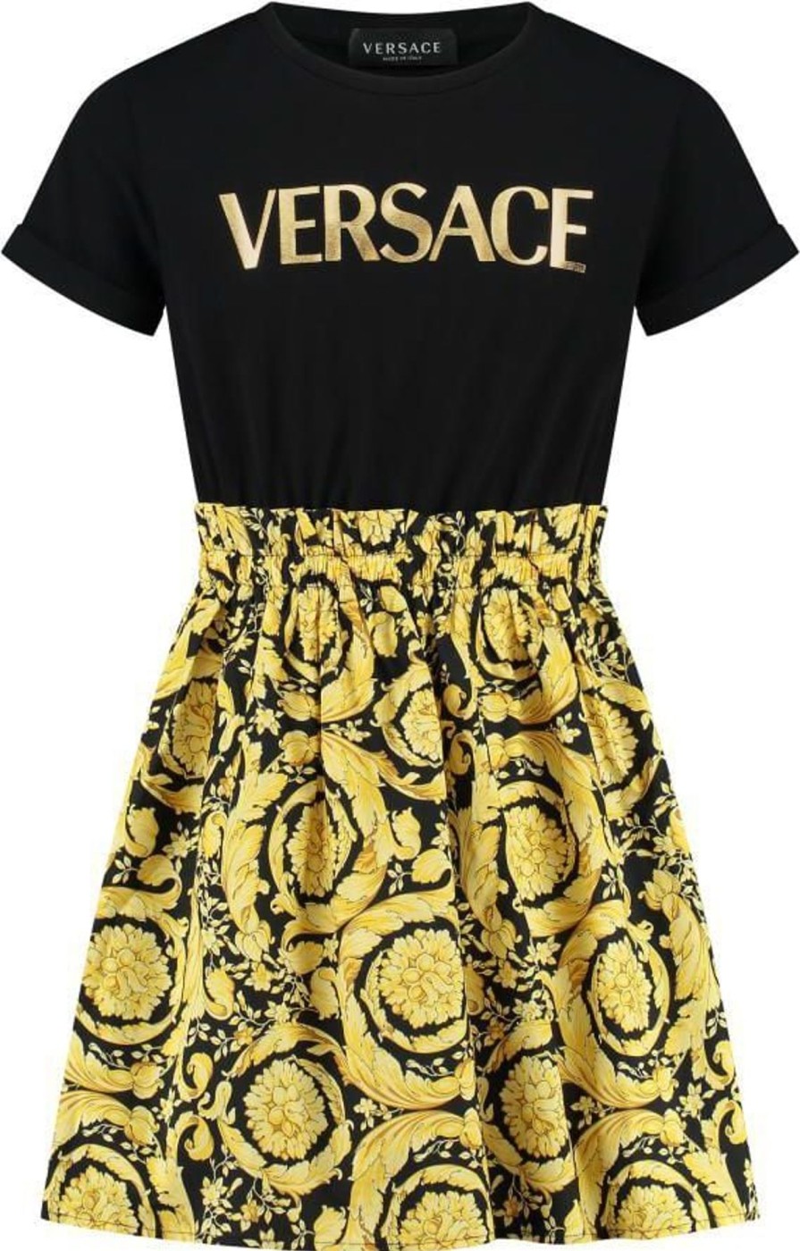 Kids Versace Jurken | Versace Dress Jersey + Baroque Kids Poplin + Logo Print Goud