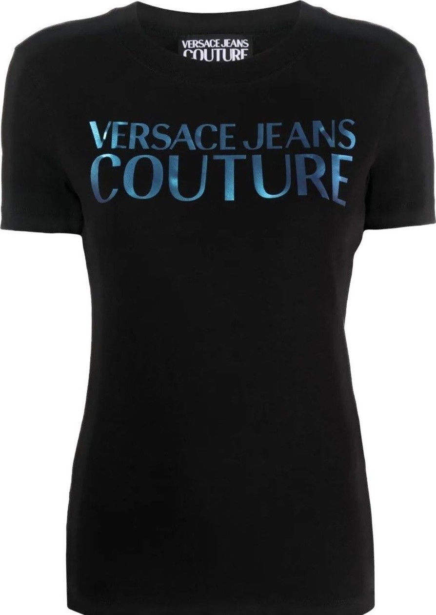 Dames Versace Jeans Couture | Versace Jeans Couture T-Shirt Iridescent Stretch Black Zwart