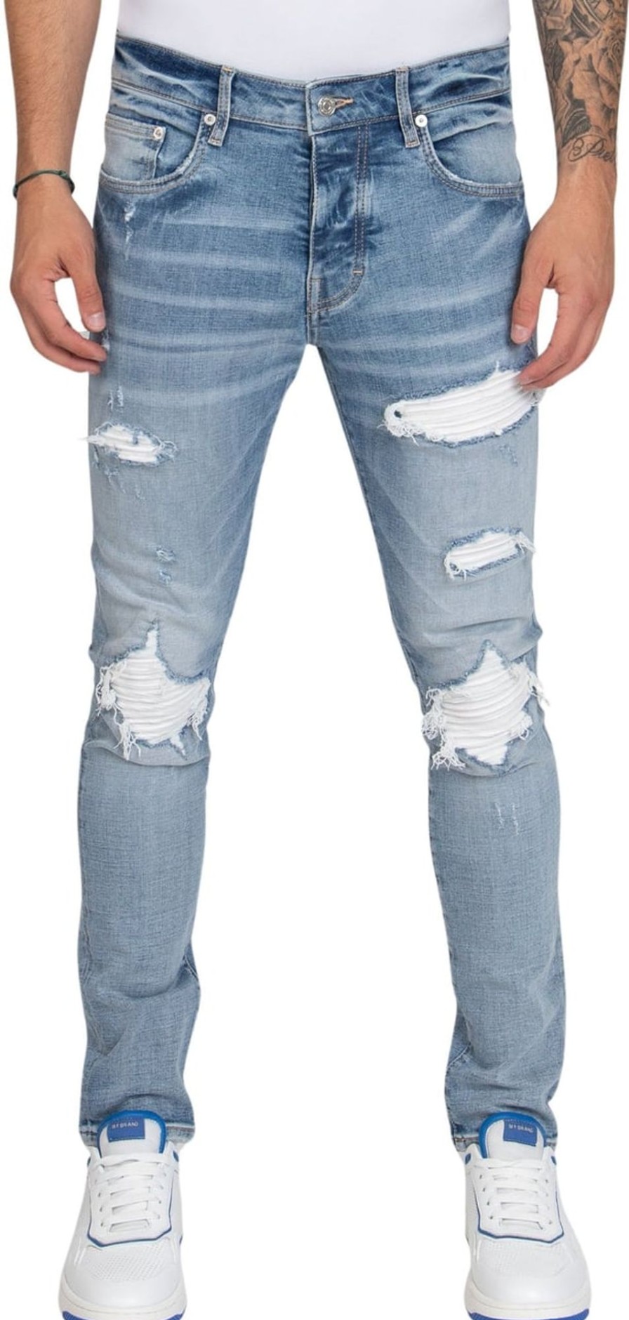 Heren My Brand | My Brand White Ripped Biker Jeans Blauw