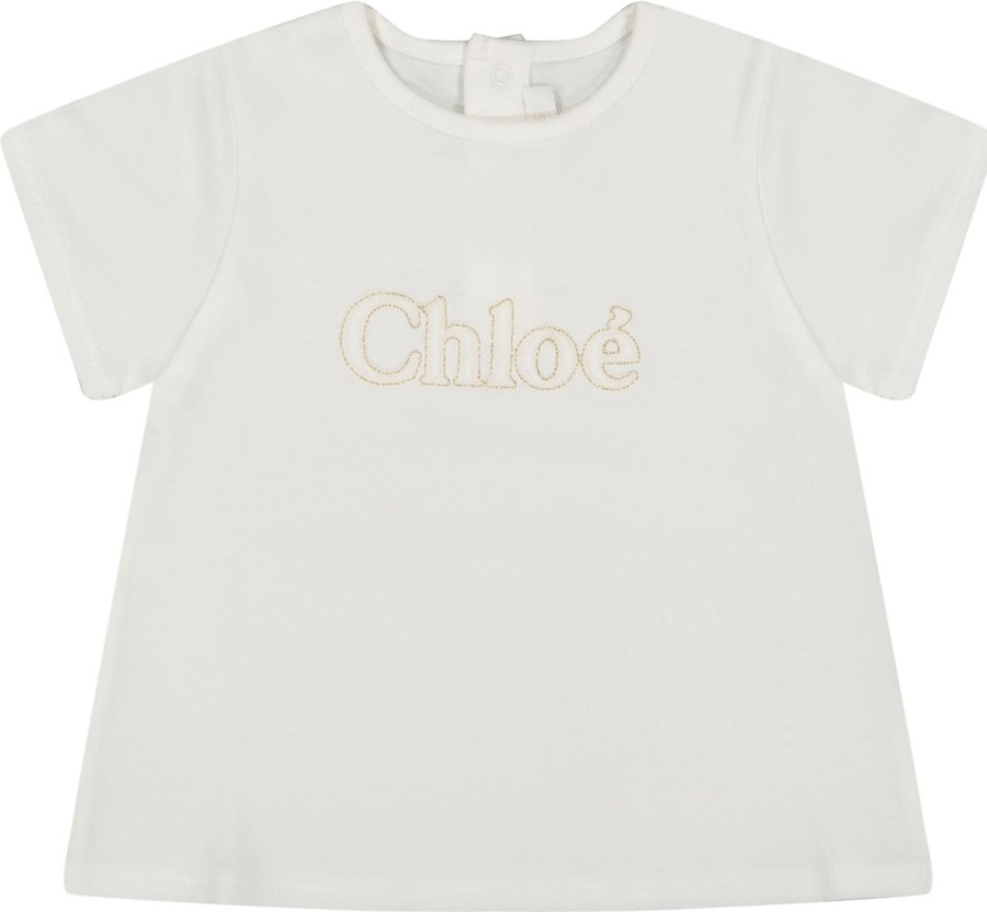 Kids Chloé Shirts | Chloe Chloe Baby Meisjes T-Shirt Off White Wit