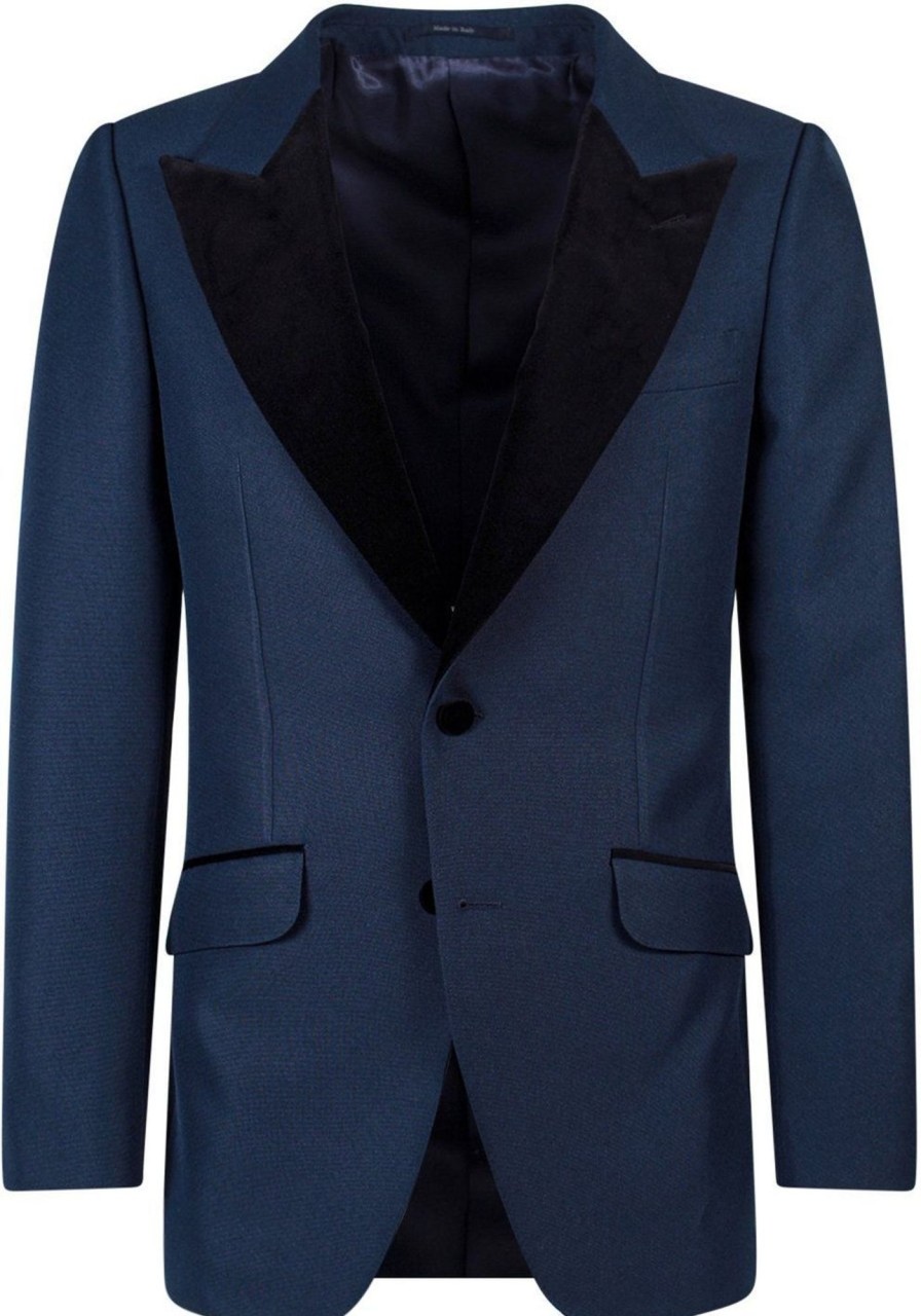 Heren Gucci | Gucci Single-Breasted Blazer With Velvet Details Blauw