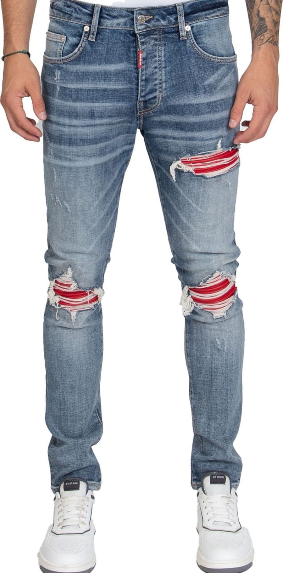 Heren My Brand | My Brand Red Ripped Biker Jeans Blauw