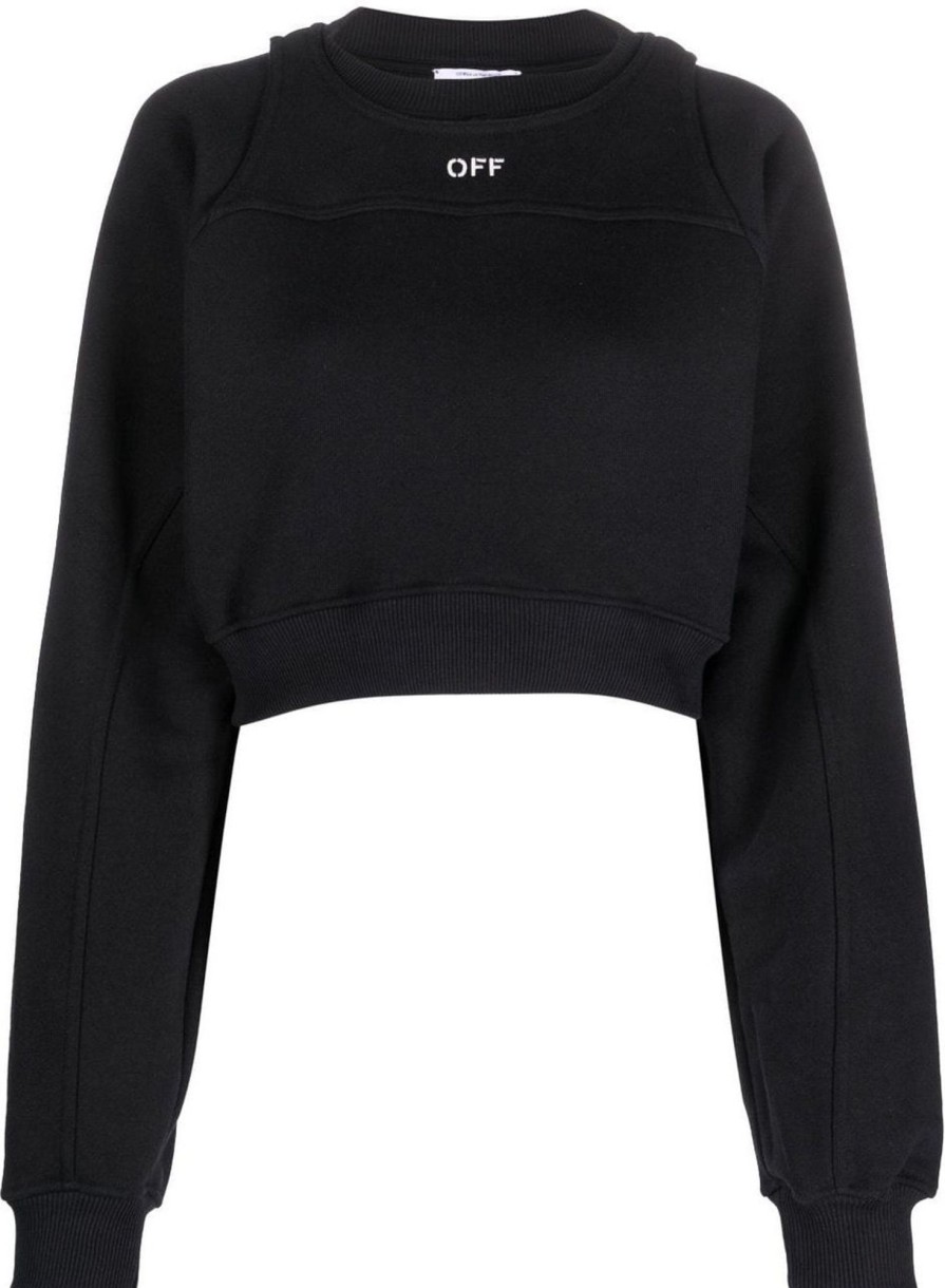 Dames OFF-WHITE | Off-White Off Stamp Round Cropped Crew Neck Sweatshirt Zwart