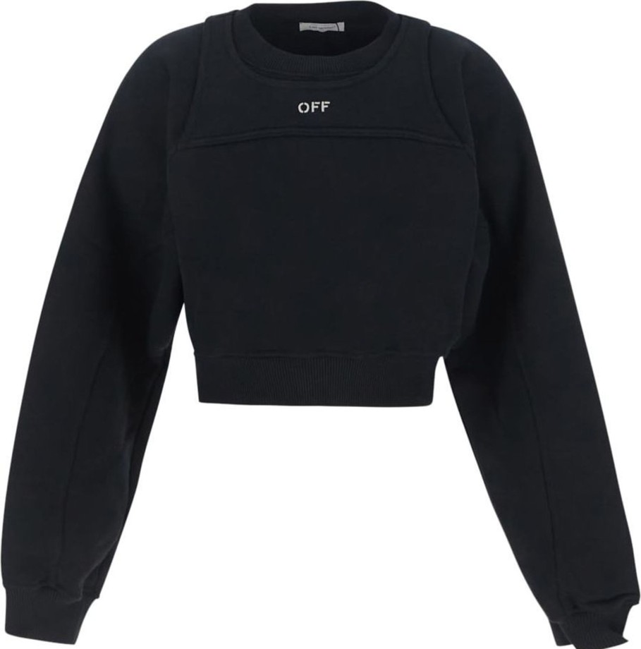 Dames OFF-WHITE | Off-White Off Stamp Round Cropped Crew Neck Sweatshirt Zwart