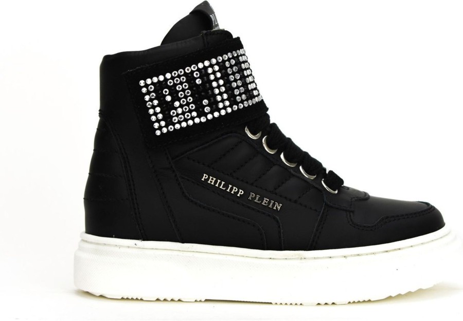 Kids Philipp Plein Sneakers | Philipp Plein Hi Top Logo Strass Sneaker Zwart Zwart