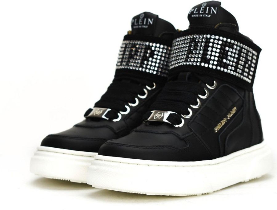 Kids Philipp Plein Sneakers | Philipp Plein Hi Top Logo Strass Sneaker Zwart Zwart