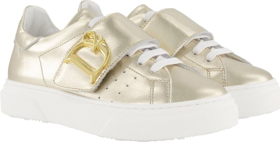 Kids Dsquared2 Schoenen | Dsquared2 D Statement Sneakers Box Sole Lace+Strap Goud