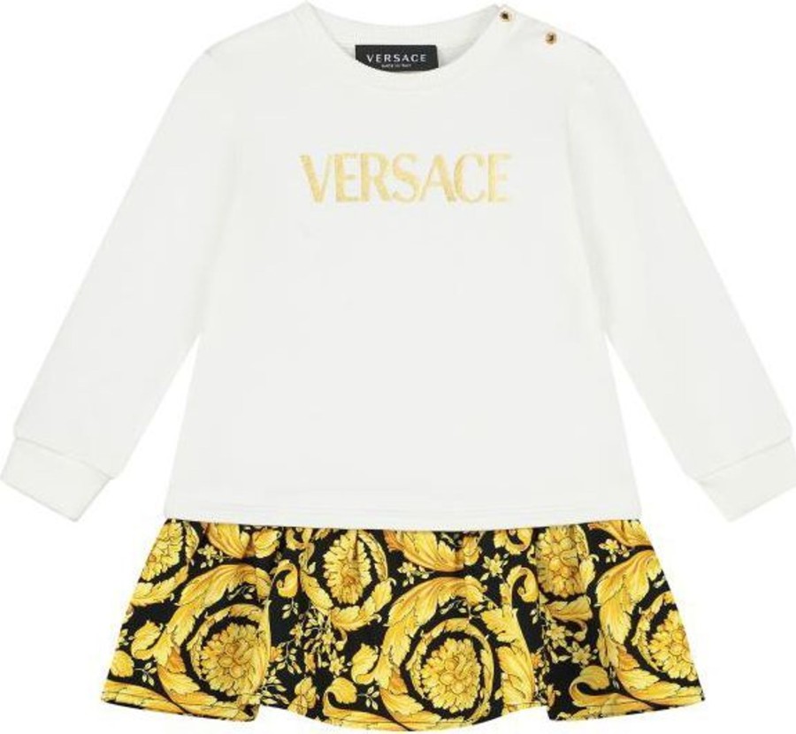 Kids Versace Jurken | Versace Dress Fleece + Logoi Print + Barocco Kids Fleece Wit