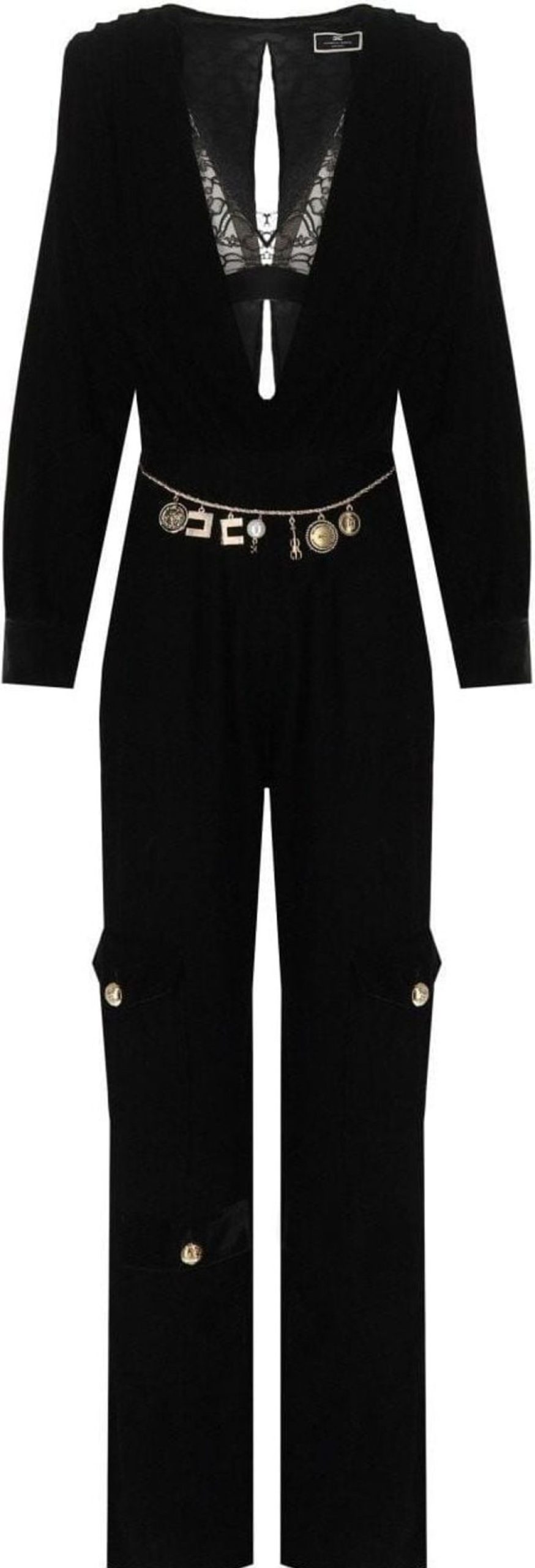 Dames Elisabetta Franchi | Elisabetta Franchi Black Velvet Cargo Jumpsuit With Belt Black Zwart