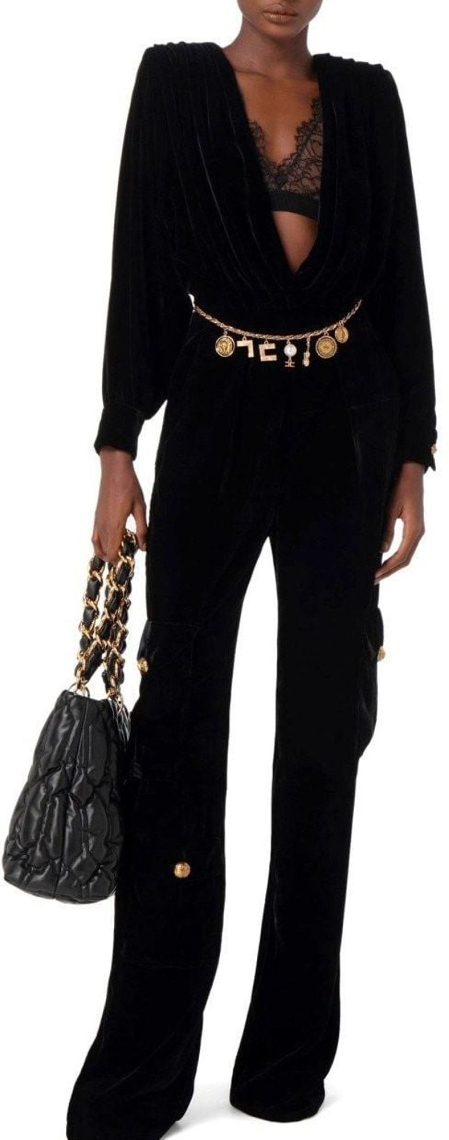 Dames Elisabetta Franchi | Elisabetta Franchi Black Velvet Cargo Jumpsuit With Belt Black Zwart