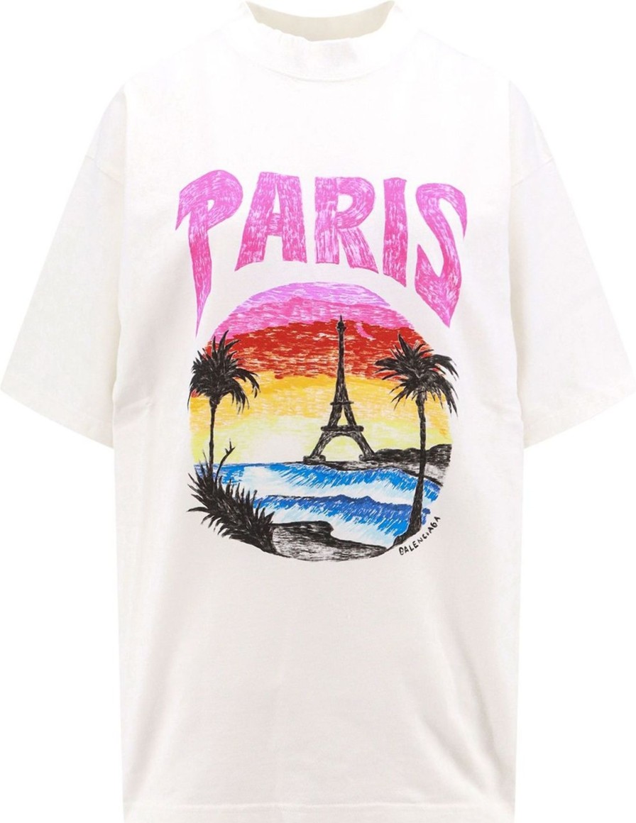 Dames Balenciaga | Balenciaga Cotton T-Shirt With Paris Tropical Print Wit