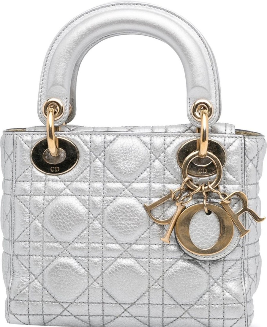 Dames Dior | Dior Mini Cannage Lambskin Lady Dior Zilver