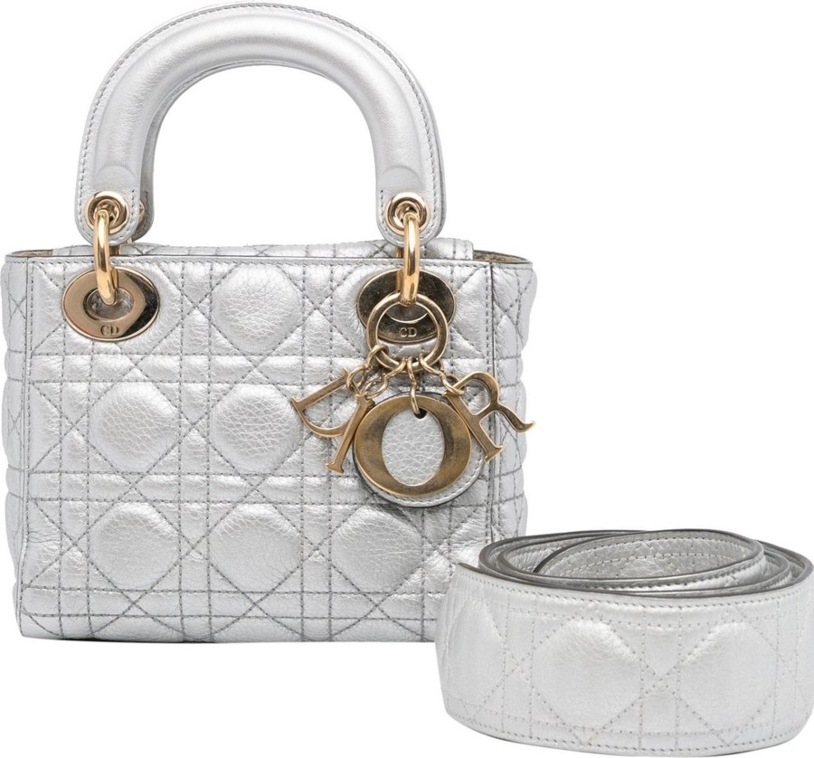 Dames Dior | Dior Mini Cannage Lambskin Lady Dior Zilver