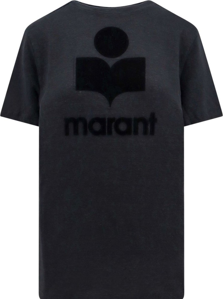 Dames Isabel Marant | Isabel Marant Linen T-Shirt With Flocked Logo Zwart