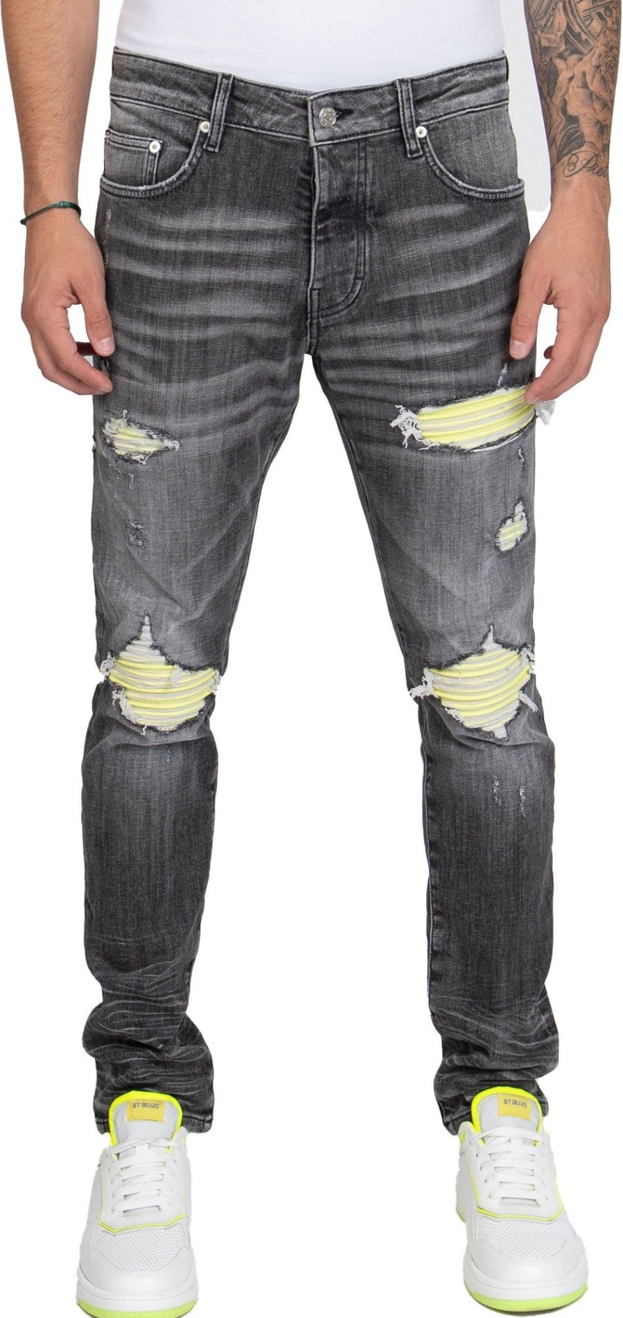 Heren My Brand | My Brand Neon Ripped Biker Label Jeans Grijs