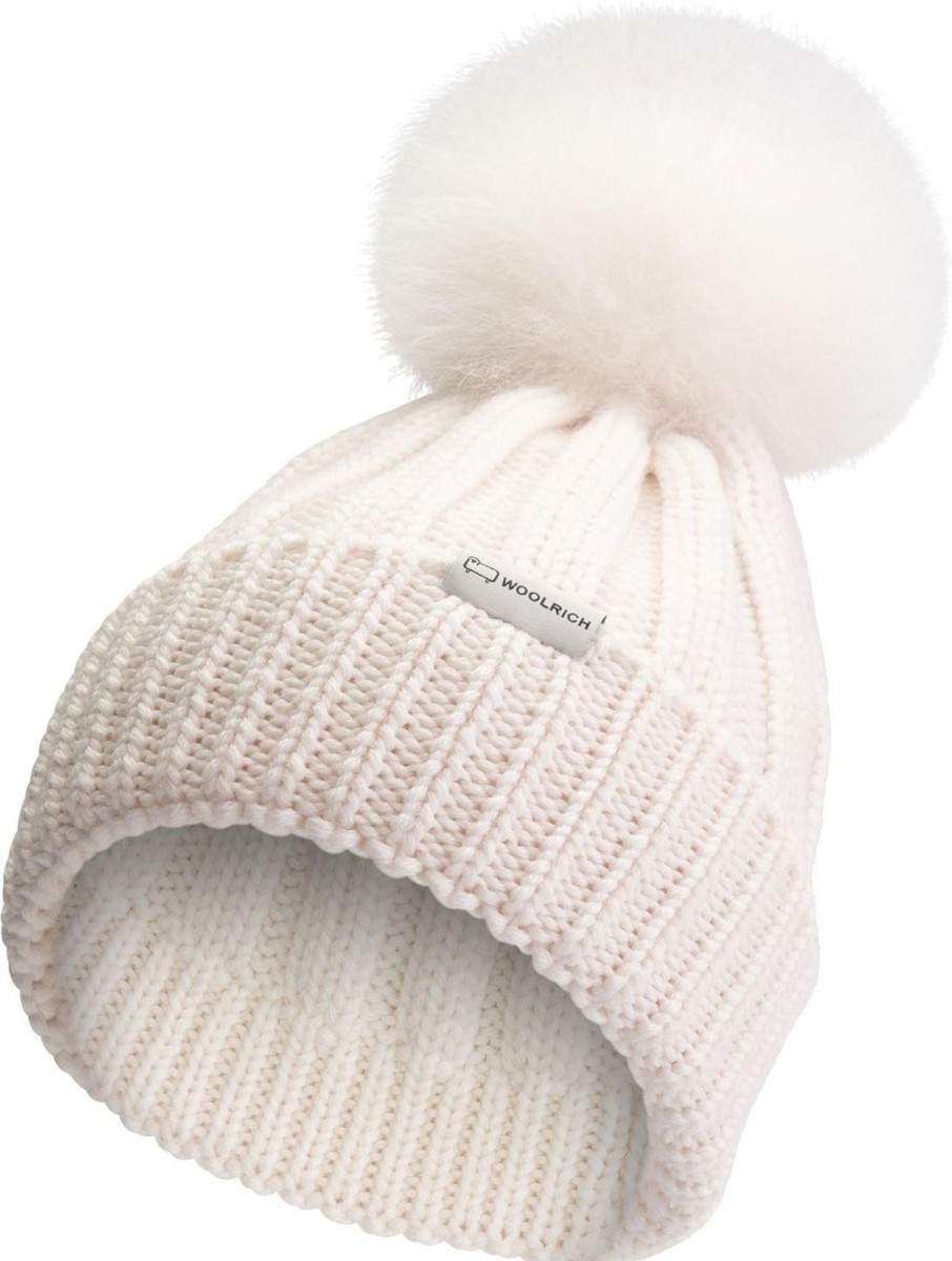 Kids Woolrich Accessoires | Woolrich Pom Pom Beanie Wit