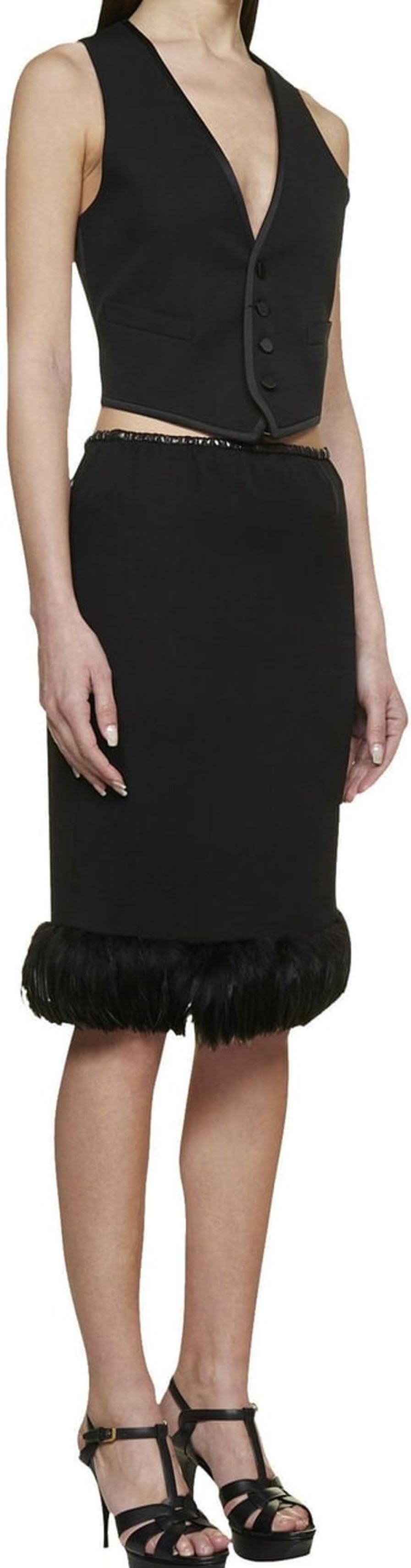 Dames Saint Laurent | Saint Laurent Saint Laurent Feathers Trim Silk Skirt Zwart