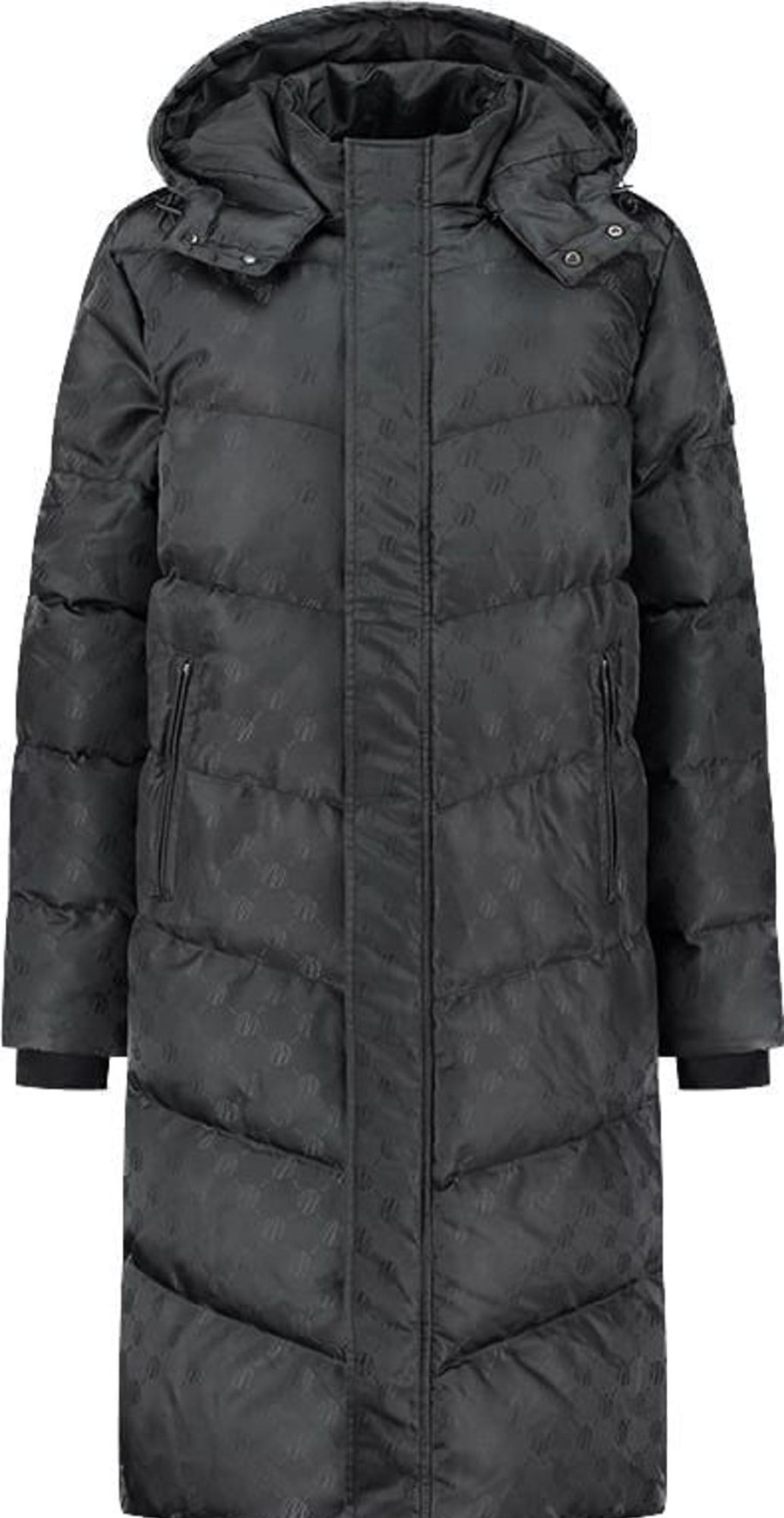 Dames Malelions | Malelions Monogram Long Puffer Jacket - Black Zwart