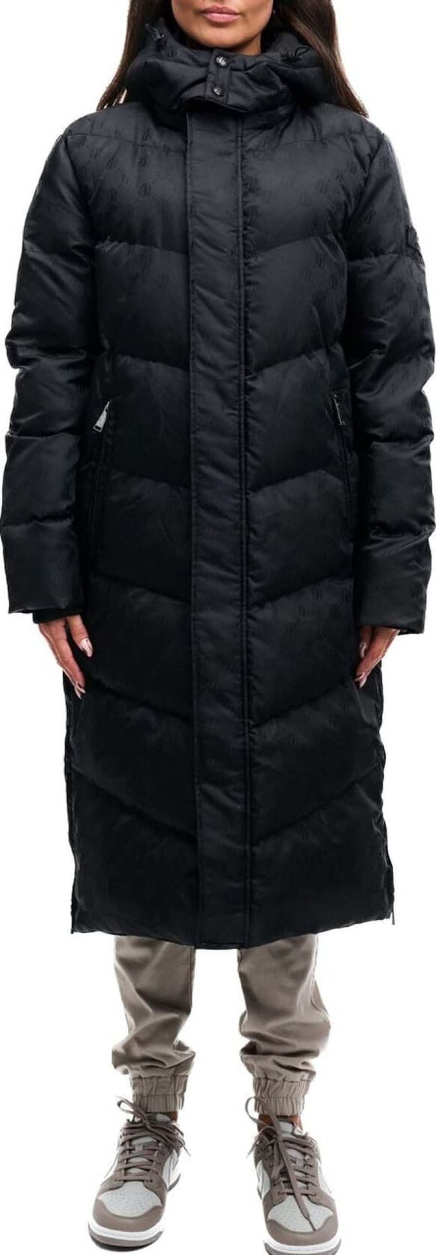 Dames Malelions | Malelions Monogram Long Puffer Jacket - Black Zwart