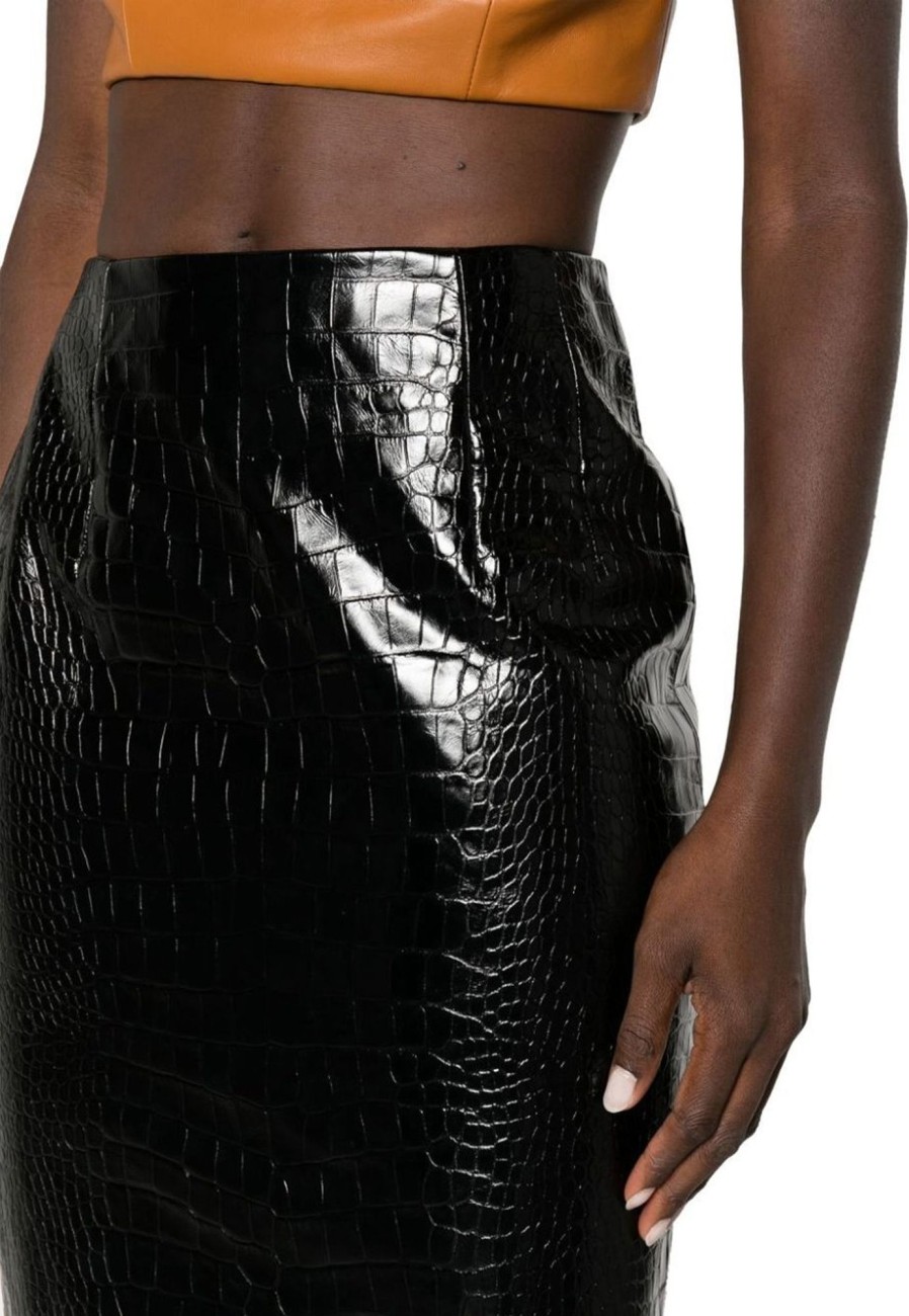 Dames Versace | Versace Croco Print Leather Midi Skirt Zwart