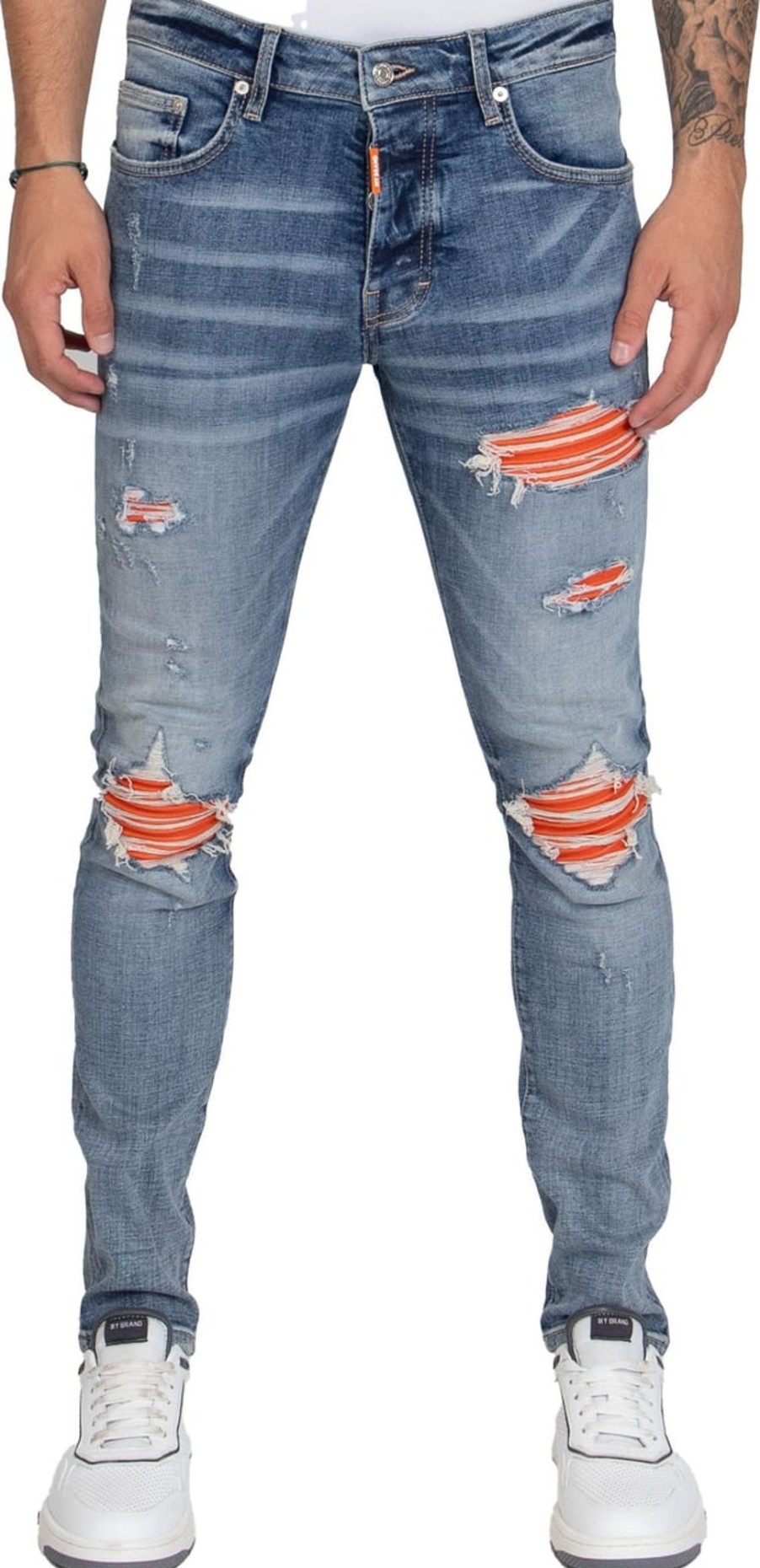 Heren My Brand | My Brand Orange Ripped Biker Jeans Blauw