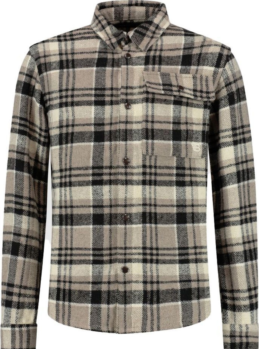 Kids Ballin Amsterdam Overhemden | Ballin Amsterdam Ballin Kids Checked Icon Logo Overshirt Taupe