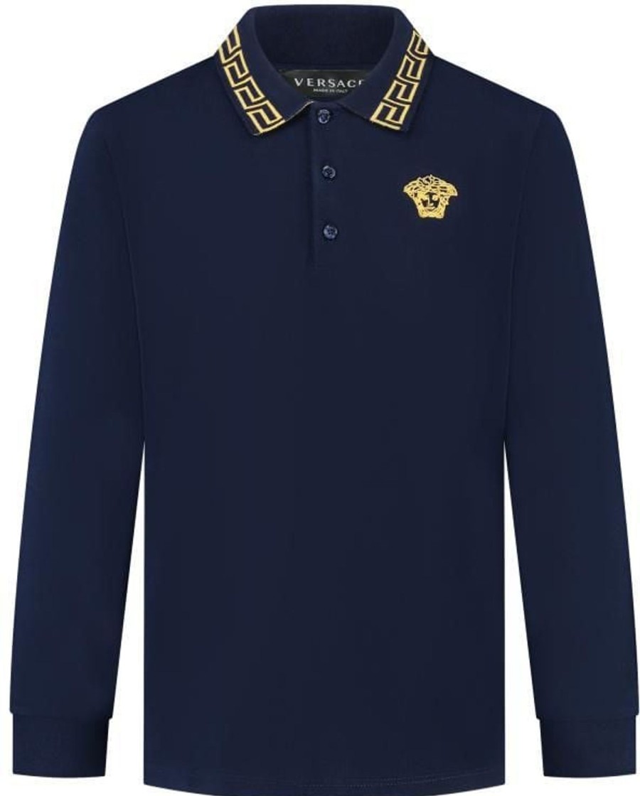 Kids Versace T-Shirts | Versace Polo Piquet + Greca + Medusa Embroidery Blauw