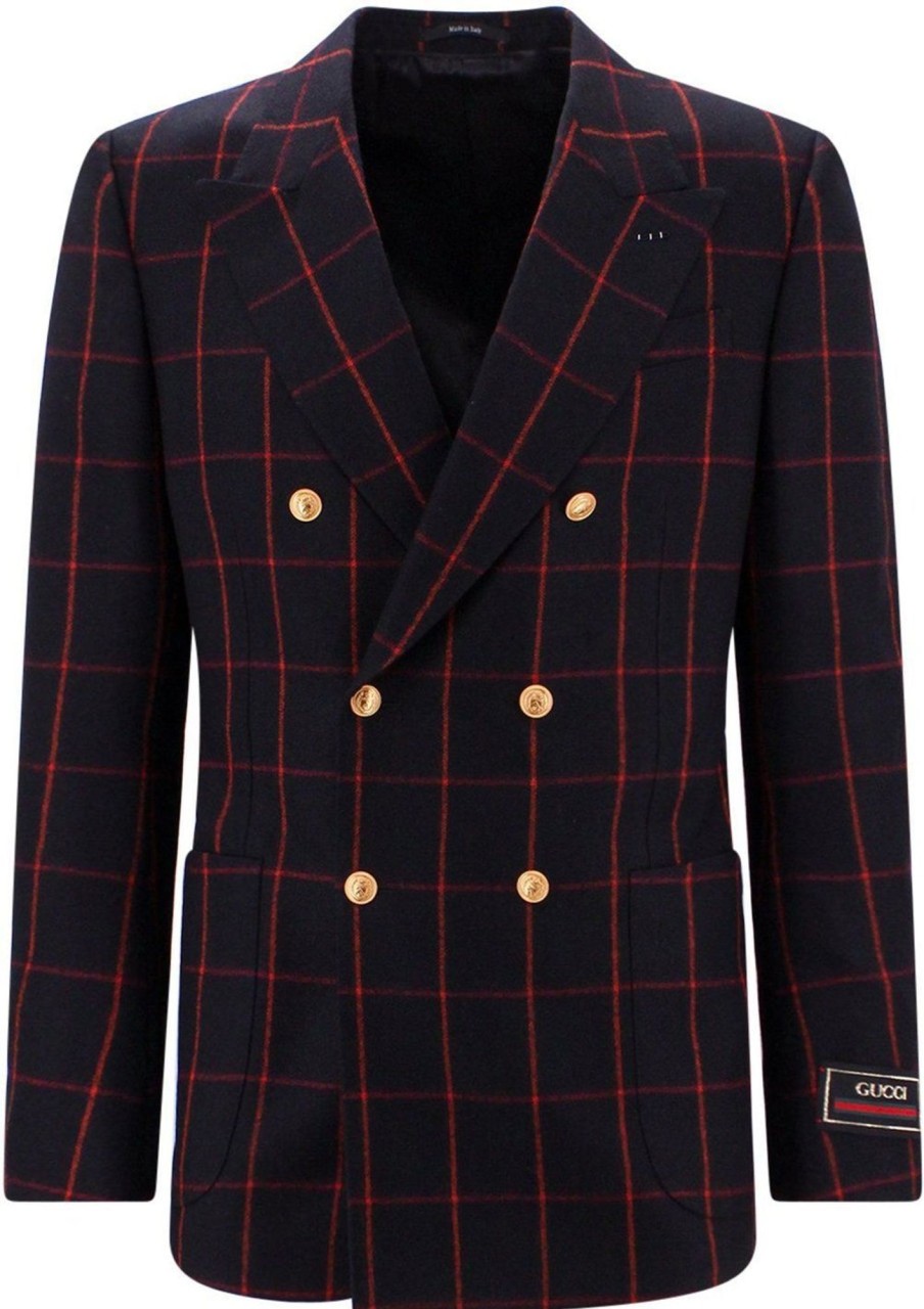 Heren Gucci | Gucci Double-Breasted Madras Wool Blazer Zwart