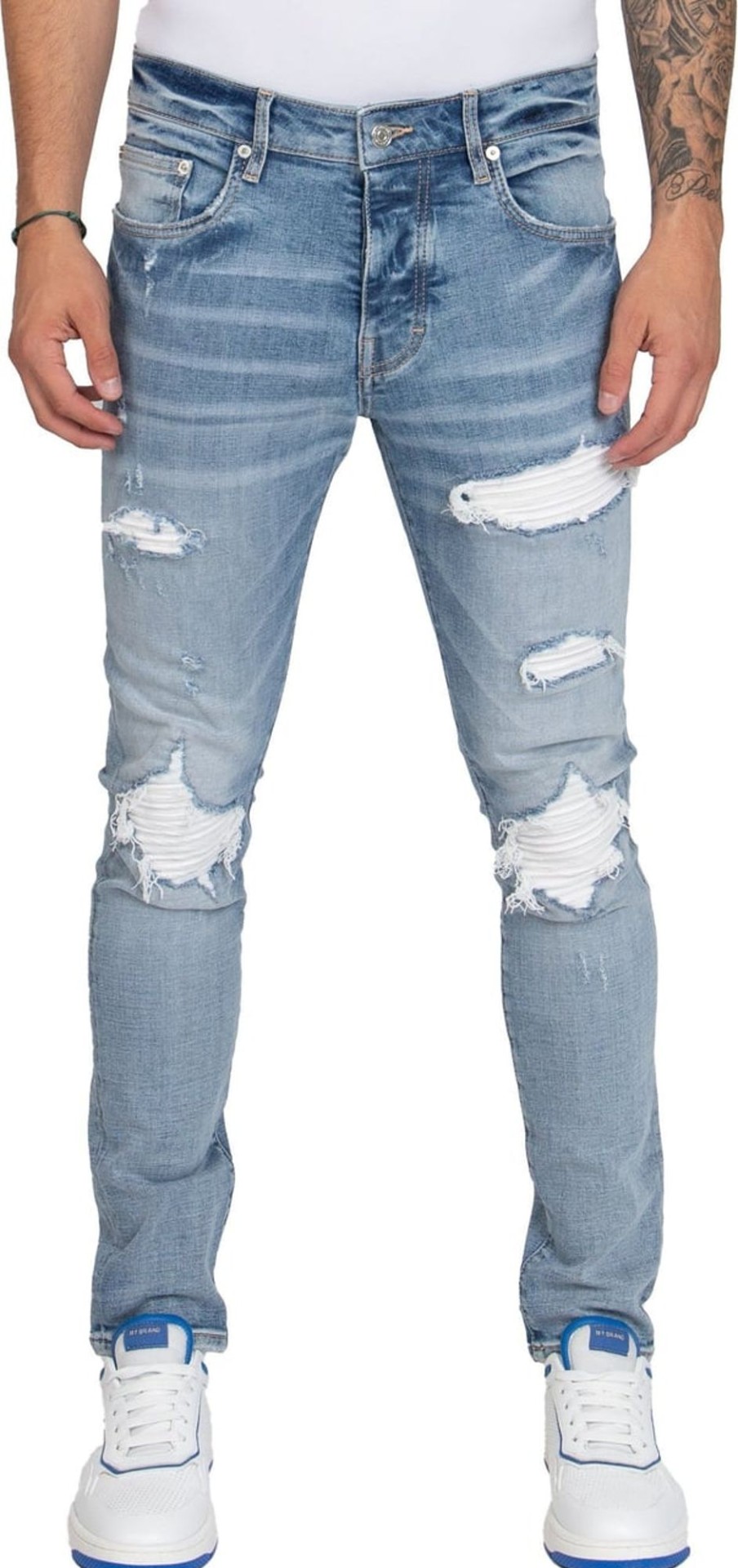 Heren My Brand | My Brand White Ripped Biker Jeans Blauw