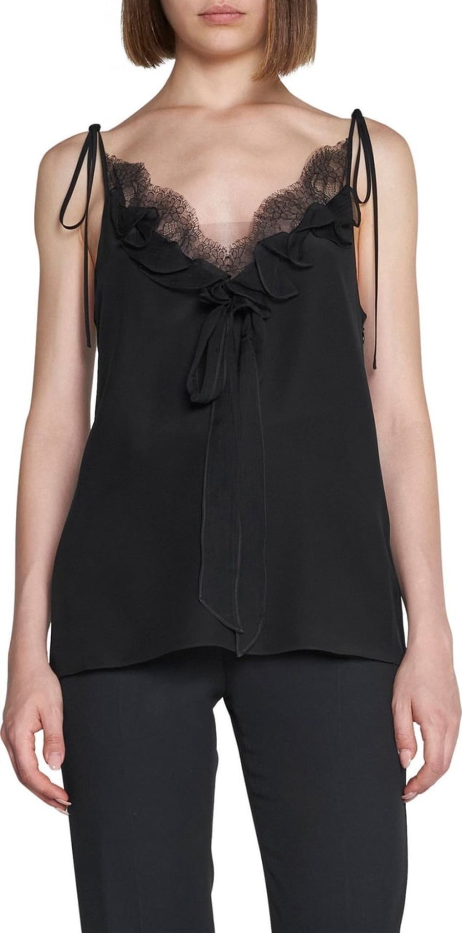 Dames Alexander McQueen | Alexander Mcqueen Ruffle-Neck Lace Detail Vest Top Zwart