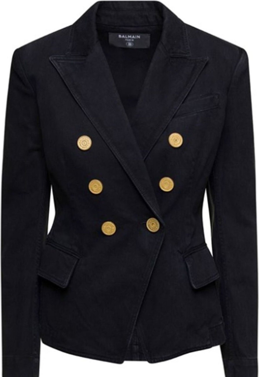 Dames Balmain | Balmain Balmain Double-Breasted Denim Blazer Zwart