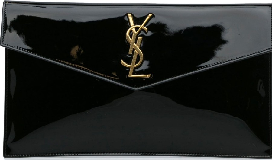 Dames Saint Laurent | Saint Laurent Patent Monogram Uptown Envelope Clutch Zwart